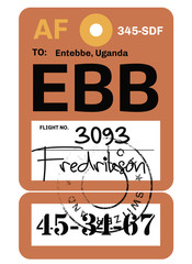 Entebbe airport luggage tag. Realistic looking tag with stamp and information written by hand. Design element for creative professionals.