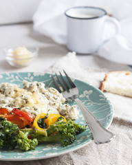 Scramble eggs for Breakfast with toast and broccoli. Vertical. closeup. selective focus. Deadpan