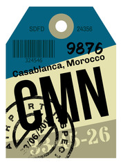 Casablanca airport luggage tag. Realistic looking tag with stamp and information written by hand. Design element for creative professionals.