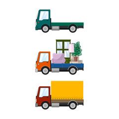 Set of Cargo Trucks Isolated, Green Lorry without Load, Car with Furniture, Small Closed Truck, Transport and Logistics, Delivery Services, Vector Illustration