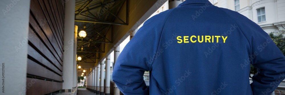 Poster composite image of rear view of security officer in uniform