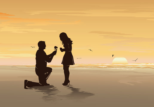 Silhouette of young man with rose proposing to his beloved on the sea beach, Romantic date, Wedding and Valentines day concept - Vector illustration