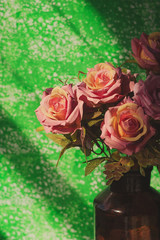floral background of roses and peonies, postcard, blank for March 8