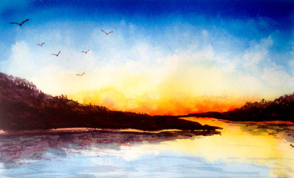Bright orange sunset sky at the river, hand-painted watercolour landscape