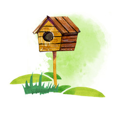 Hand drawn watercolor illustration of birdhouse