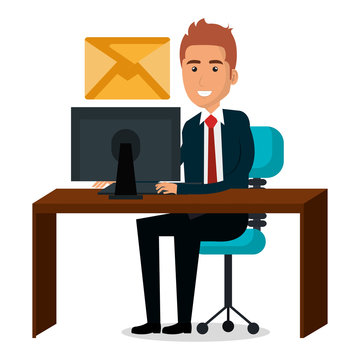 businessman in workplace character vector illustration design