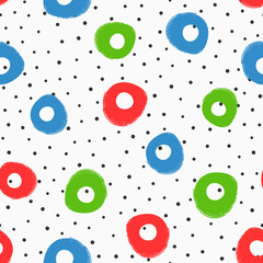 Color geometric seamless pattern. Circles drawn by hand and polka dot. Grunge, sketch, watercolour, paint.