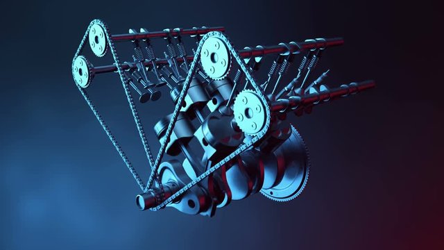 V6 engine inside, animation in motion, pistons, camshaft, chain, valves and other mechanical parts car. Illustration of how an internal combustion engine works in motion. Loopable animaion
