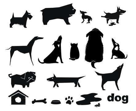 Silhouettes stencils funny dogs of different breeds. Outline symbols icons. Vector graphics.
