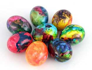 Easter eggs. Handmade painted eggs for Easter celebration isolated on white background. Easter. Colored Easter eggs. Colorful egg. Copy space. Text space. Unique handmade painted eggs.