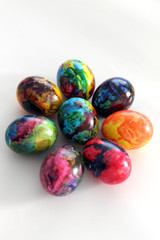 Easter eggs. Handmade painted eggs for Easter celebration isolated on white background. Easter. Colored Easter eggs. Colorful egg. Copy space. Text space. Unique handmade painted eggs.
