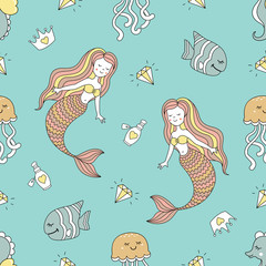 Cute seamless pattern with mermaids and sea animals. The pattern can be repeated without any visible seams