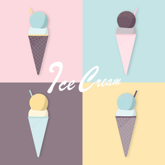 Summertime. Good vibes with ice cream in different pastel color tones. Text : Ice cream