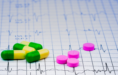 EKG or ECG (Electrocardiogram) graph report paper. EST ( Exercise Stress Test ) result and pills. Package promotion for heart check up in senior or elderly people concept.