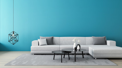 Blue wall living room / 3D render interior - obrazy, fototapety, plakaty