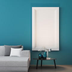 Blue wall living room / 3D render interior