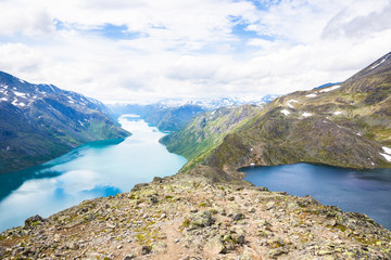 Fototapeta na wymiar Landscapes of Besseggen. Beautiful blue lake and good weather in Norway