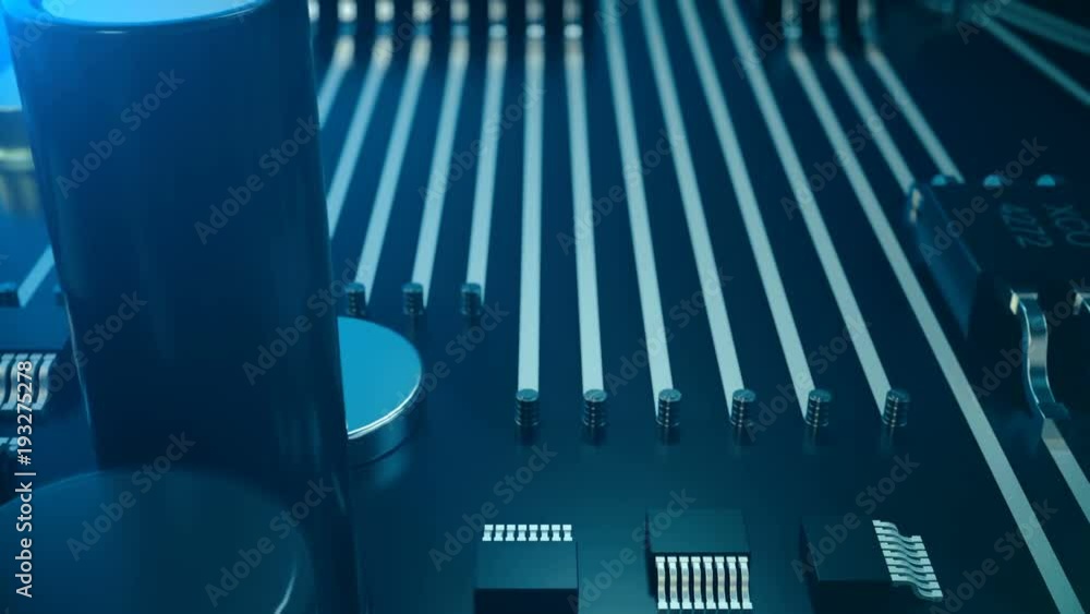 Poster 3d animation circut board. technology background. central computer processors cpu concept. motherboa