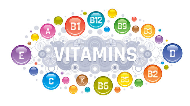 Multi Vitamin complex icons. Vitamin A, B group - B1, B2, B3, B5, B6, B9, B12, C, D, E, K multivitamin supplement logo, isolated white background. Diet Infographic poster. Pharmacy vector illustration