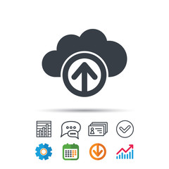 Upload from cloud icon. Data storage sign.