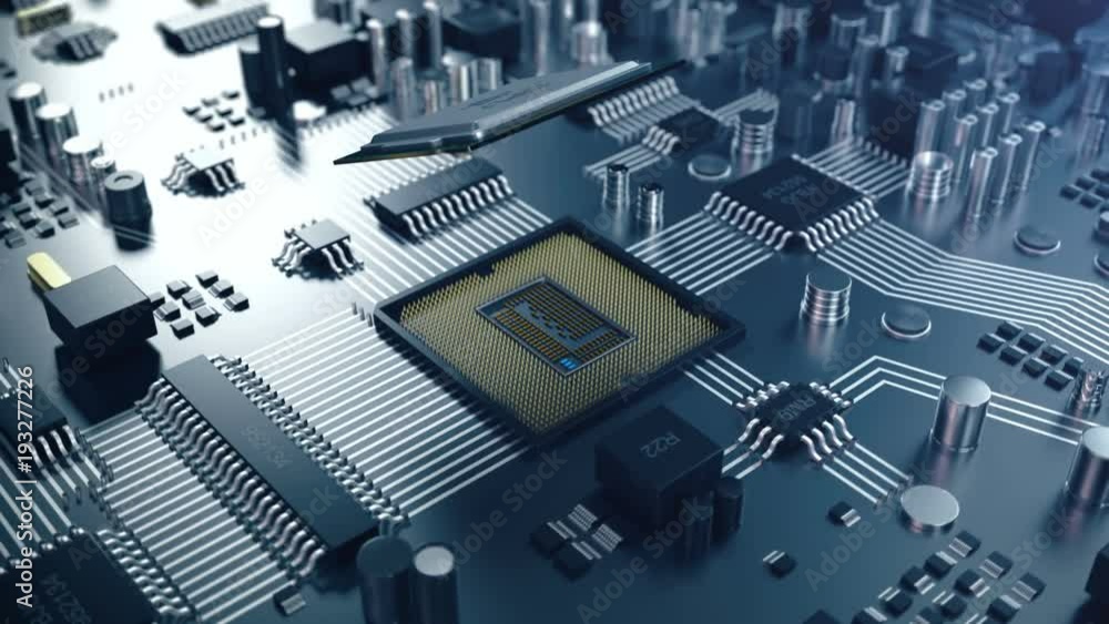 Poster 3d animation circut board. technology background. central computer processors cpu concept. motherboa