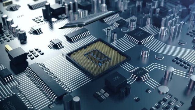 3D animation Circut board. Technology background. Central Computer Processors CPU concept. Motherboard digital chip. the processor is installed in the socket.