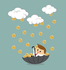 Vector of businessman sitting in umbrella to collect money rain. 
