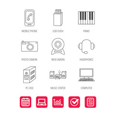 Photo camera, headphones and Usb flash icons.