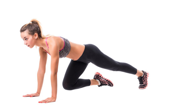 Tan Skin Fitness Girl in Sport Exercise warm up in white studio room, practice pose abs power planking on floor