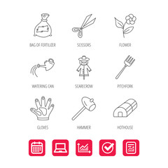 Hammer, hothouse and watering can icons.