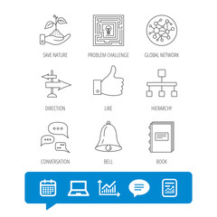 Global network, like and conversation icons.