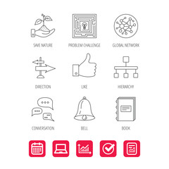 Global network, like and conversation icons.
