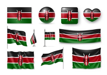 Obraz premium Set Kenya flags, banners, banners, symbols, realistic icon. Vector illustration of collection of national symbols on various objects and state signs