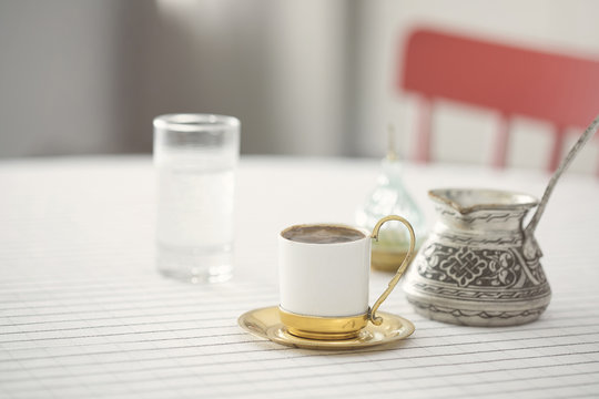 Turkish coffee setup on kitchen table
