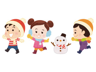 冬服で走り回る子供と雪だるま