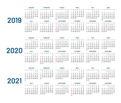 Three years calendar, 2019, 2020, 2021, isolated, flat. Compound planner with blue letters and numbers on a white background. Vector illustration