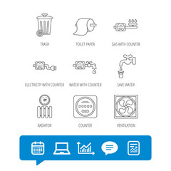 Ventilation, radiator and water counter icons.