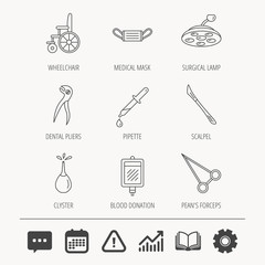 Medical mask, scalpel and dental pliers icons.