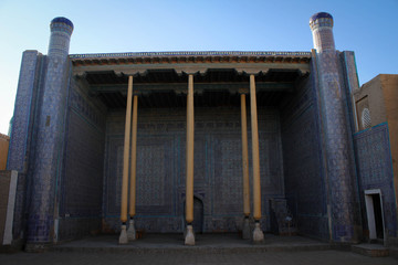 Ancient masterpiece of maiolica and mosaic of iwan gallery in Khiva, Uzbekistan 