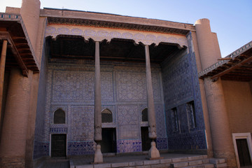 Ancient masterpiece of maiolica and mosaic of iwan gallery in Khiva, Uzbekistan 