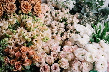 A lot of fresh blossoming flowers (roses, peonies, ranunculus, carnations, eucalyptus) in warm pastel colours at the florist shop
