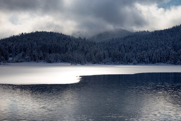 Winter water landscape background with ice on the water ad dramatic sky, Cerknica lake, Slovenia, background, desktop