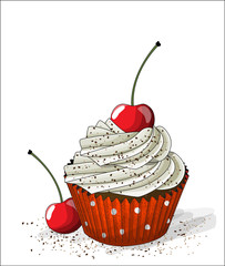 Cupcake with white cream and cherry on white background, illustration