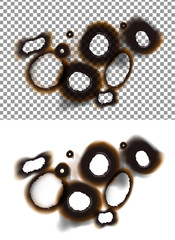 Transparent vector paper with burnt holes of different sizes.
