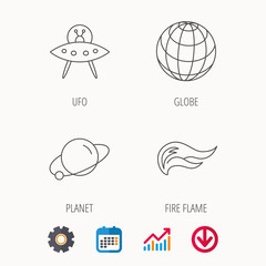 Ufo, planet and fire flame icons.