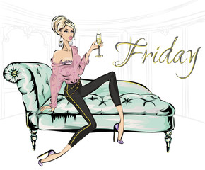 Fashion girl with glass of champagne sitting on sofa in living room. Friday home party, luxury fashion woman, glitter details vector illustration clipart