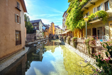 Scenic view on Canal du Thiou in Annecy. French Alps, France