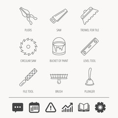 Trowel for tile, saw and brush tool icons.