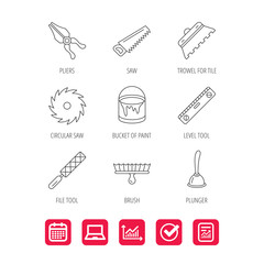 Trowel for tile, saw and brush tool icons.