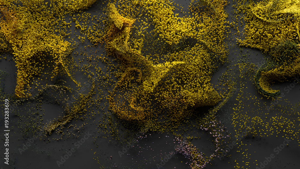 Poster 3d render abstract particle background. a lot of random particles forced with turbulence. curl and t